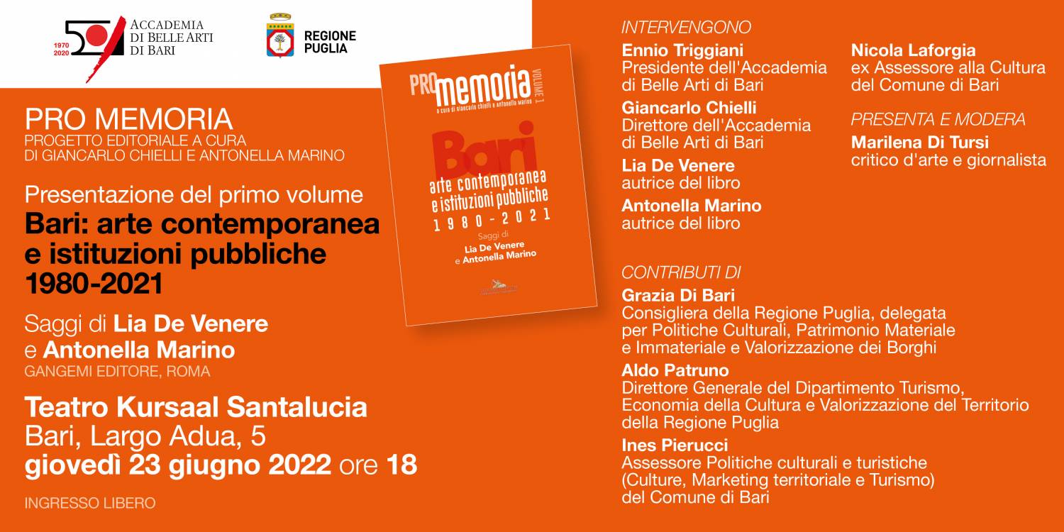 Presentazione del volume Bari. Arte contemporanea e istituzioni pubbliche 1980-2021, firmato da Lia De Venere e Antonella Marino